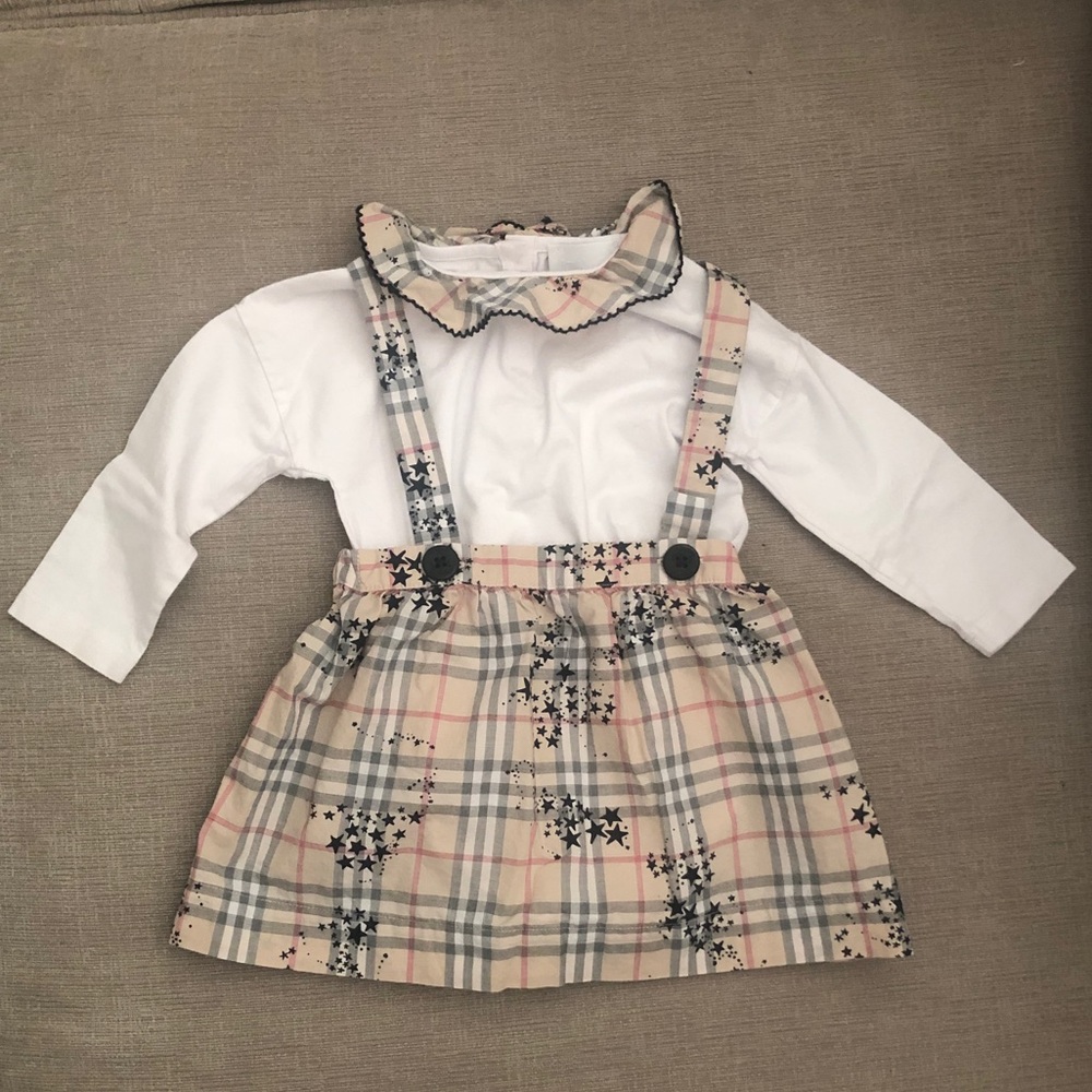 Burberry White Top with Beige Plaid Suspender Dress